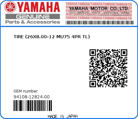 Product image: Yamaha - 94108-12824-00 - TIRE (26X8.00-12 MU75 4PR TL)  0
