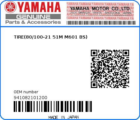 Product image: Yamaha - 941082101200 - TIRE(80/100-21 51M M601 BS)  0