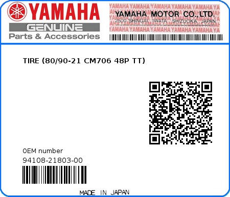 Product image: Yamaha - 94108-21803-00 - TIRE (80/90-21 CM706 48P TT)  0