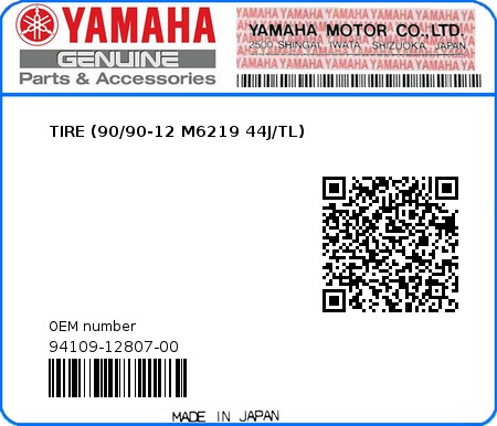Product image: Yamaha - 94109-12807-00 - TIRE (90/90-12 M6219 44J/TL)  0