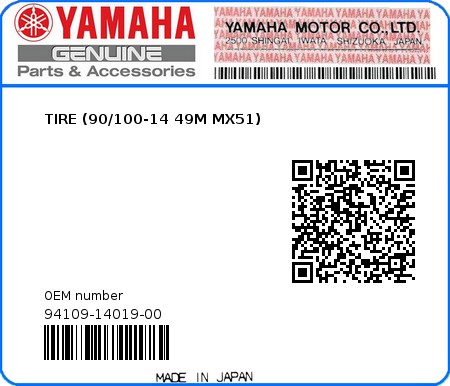 Product image: Yamaha - 94109-14019-00 - TIRE (90/100-14 49M MX51)  0