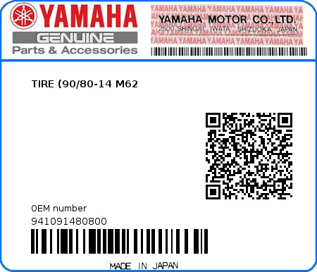 Product image: Yamaha - 941091480800 - TIRE (90/80-14 M62  0