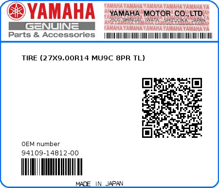 Product image: Yamaha - 94109-14812-00 - TIRE (27X9.00R14 MU9C 8PR TL)  0