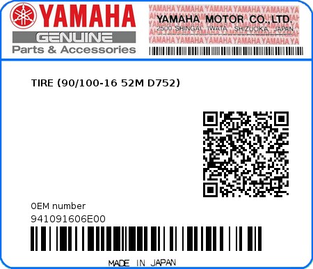 Product image: Yamaha - 941091606E00 - TIRE (90/100-16 52M D752)  0
