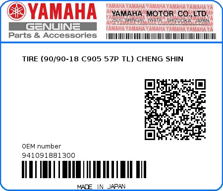 Product image: Yamaha - 941091881300 - TIRE (90/90-18 C905 57P TL) CHENG SHIN  0