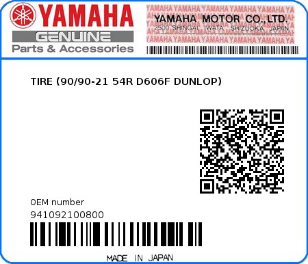 Product image: Yamaha - 941092100800 - TIRE (90/90-21 54R D606F DUNLOP)   0