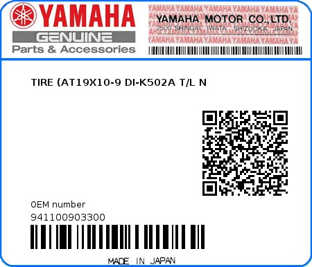 Product image: Yamaha - 941100903300 - TIRE (AT19X10-9 DI-K502A T/L N  0