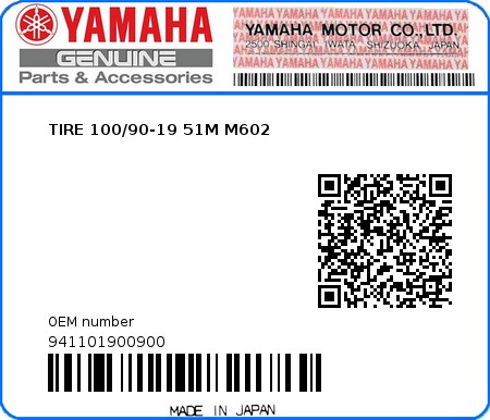 Product image: Yamaha - 941101900900 - TIRE 100/90-19 51M M602  0