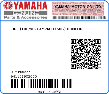 Product image: Yamaha - 941101902000 - TIRE (100/90-19 57M D756G) DUNLOP  0