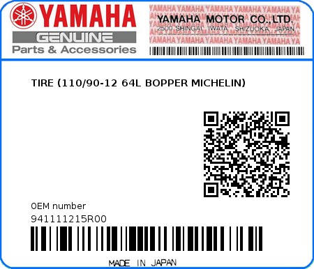 Product image: Yamaha - 941111215R00 - TIRE (110/90-12 64L BOPPER MICHELIN)  0