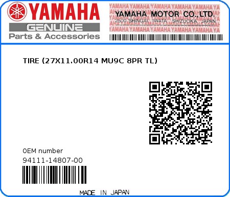 Product image: Yamaha - 94111-14807-00 - TIRE (27X11.00R14 MU9C 8PR TL)  0