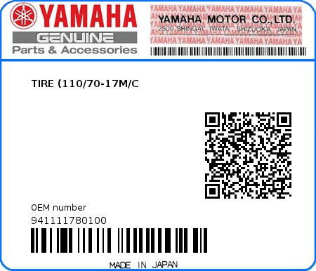 Product image: Yamaha - 941111780100 - TIRE (110/70-17M/C  0