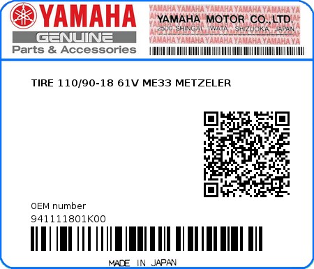 Product image: Yamaha - 941111801K00 - TIRE 110/90-18 61V ME33 METZELER   0
