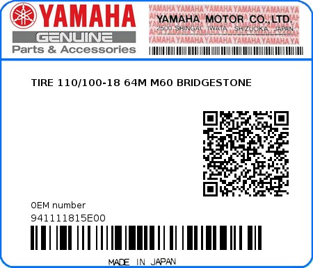 Product image: Yamaha - 941111815E00 - TIRE 110/100-18 64M M60 BRIDGESTONE  0