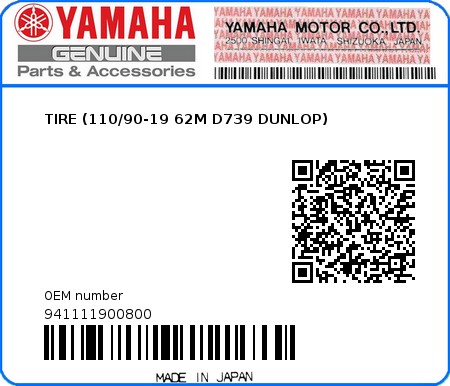 Product image: Yamaha - 941111900800 - TIRE (110/90-19 62M D739 DUNLOP)   0