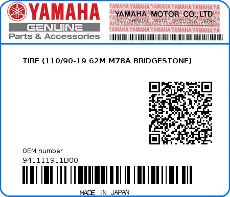 Product image: Yamaha - 941111911B00 - TIRE (110/90-19 62M M78A BRIDGESTONE)   0