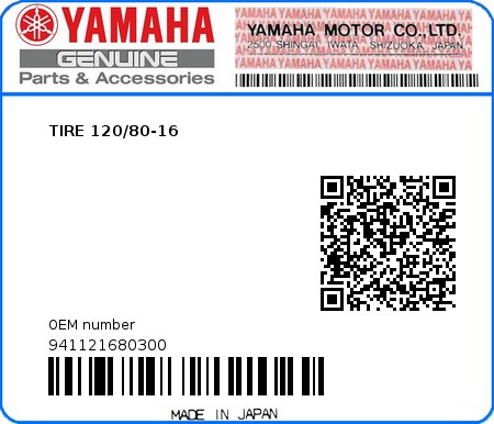Product image: Yamaha - 941121680300 - TIRE 120/80-16  0
