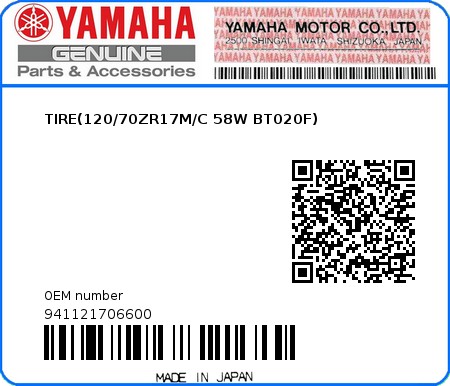 Product image: Yamaha - 941121706600 - TIRE(120/70ZR17M/C 58W BT020F)  0