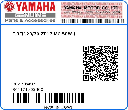 Product image: Yamaha - 941121709400 - TIRE(120/70 ZR17 MC 58W )  0