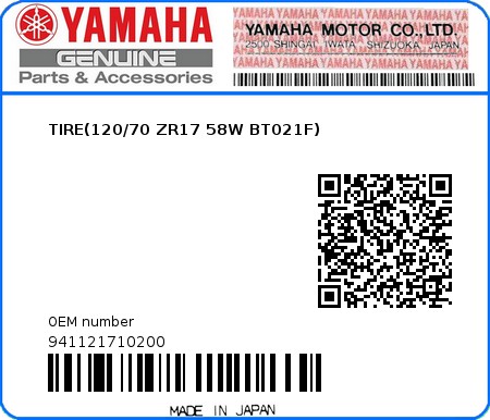 Product image: Yamaha - 941121710200 - TIRE(120/70 ZR17 58W BT021F)  0