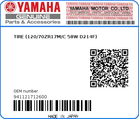 Product image: Yamaha - 941121712600 - TIRE (120/70ZR17M/C 58W D214F)  0