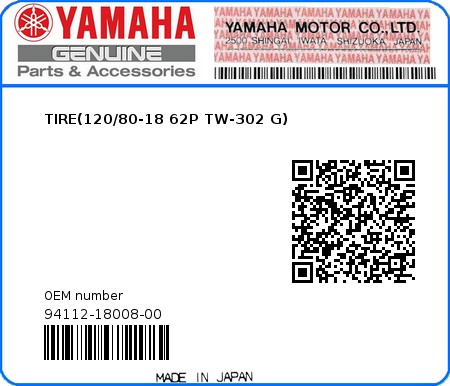 Product image: Yamaha - 94112-18008-00 - TIRE(120/80-18 62P TW-302 G)  0