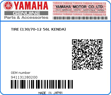 Product image: Yamaha - 941131280200 - TIRE (130/70-12 56L KENDA)  0
