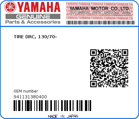 Product image: Yamaha - 941131380400 - TIRE (IRC, 130/70-  0