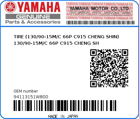 Product image: Yamaha - 94113151W800 - TIRE (130/90-15M/C 66P C915 CHENG SHIN) 130/90-15M/C 66P C915 CHENG SH  0