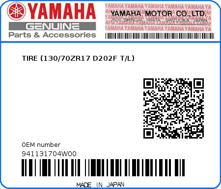 Product image: Yamaha - 941131704W00 - TIRE (130/70ZR17 D202F T/L)   0
