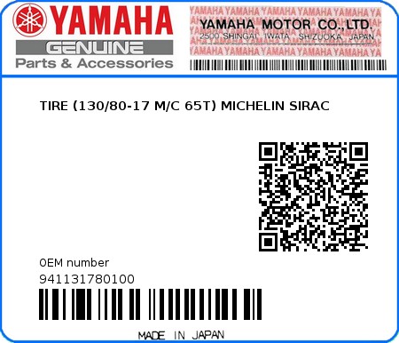 Product image: Yamaha - 941131780100 - TIRE (130/80-17 M/C 65T) MICHELIN SIRAC  0