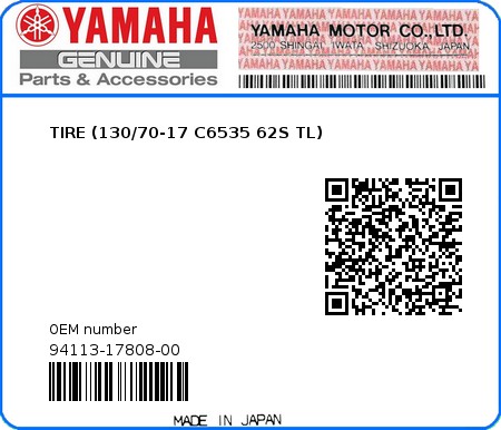 Product image: Yamaha - 94113-17808-00 - TIRE (130/70-17 C6535 62S TL)  0