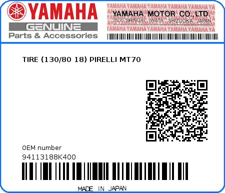 Product image: Yamaha - 94113188K400 - TIRE (130/80 18) PIRELLI MT70  0