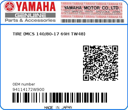 Product image: Yamaha - 94114172W900 - TIRE (MCS 140/80-17 69H TW48)  0