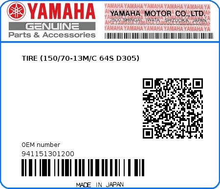 Product image: Yamaha - 941151301200 - TIRE (150/70-13M/C 64S D305)  0