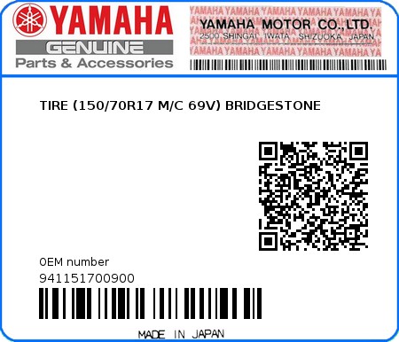 Product image: Yamaha - 941151700900 - TIRE (150/70R17 M/C 69V) BRIDGESTONE  0