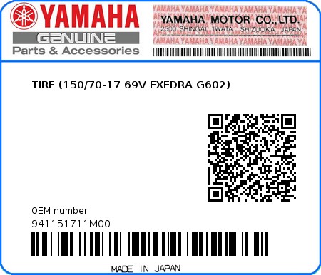 Product image: Yamaha - 941151711M00 - TIRE (150/70-17 69V EXEDRA G602)   0