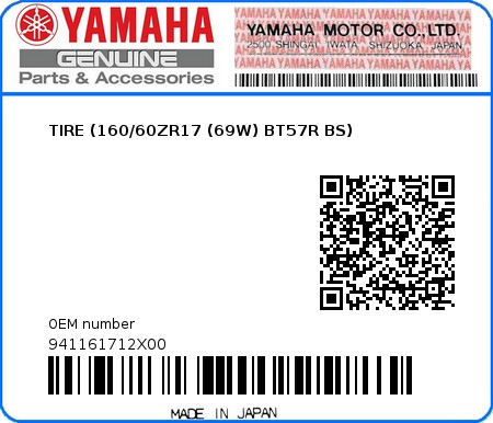 Product image: Yamaha - 941161712X00 - TIRE (160/60ZR17 (69W) BT57R BS)  0