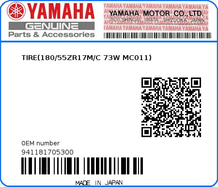 Product image: Yamaha - 941181705300 - TIRE(180/55ZR17M/C 73W MC011)  0