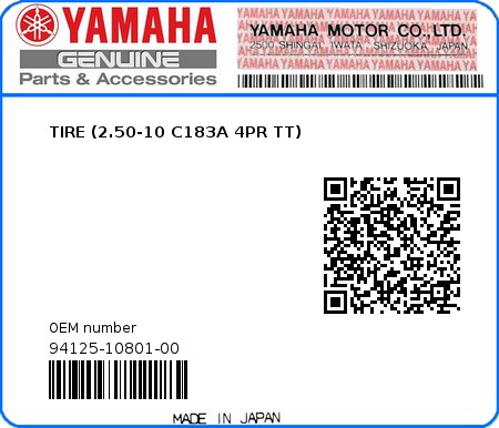 Product image: Yamaha - 94125-10801-00 - TIRE (2.50-10 C183A 4PR TT)  0