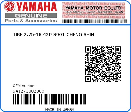 Product image: Yamaha - 941271882300 - TIRE 2.75-18 42P S901 CHENG SHIN  0