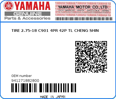 Product image: Yamaha - 941271882800 - TIRE 2.75-18 C901 4PR 42P TL CHENG SHIN  0