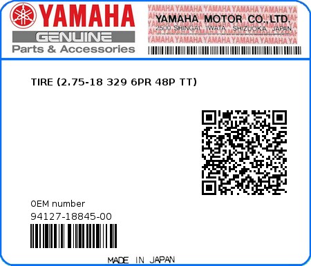 Product image: Yamaha - 94127-18845-00 - TIRE (2.75-18 329 6PR 48P TT)  0