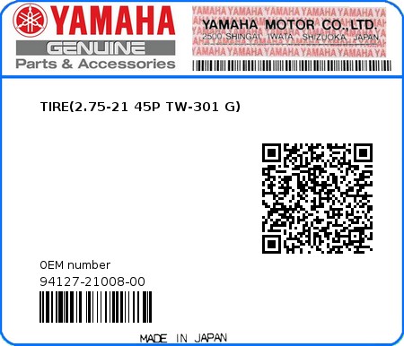 Product image: Yamaha - 94127-21008-00 - TIRE(2.75-21 45P TW-301 G)  0