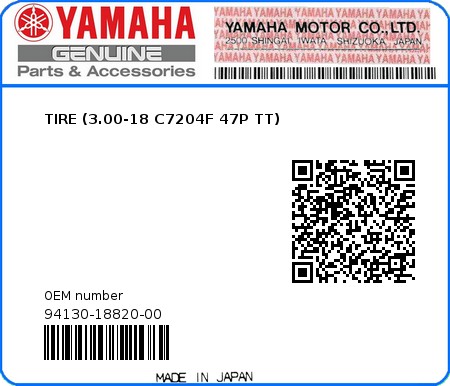Product image: Yamaha - 94130-18820-00 - TIRE (3.00-18 C7204F 47P TT)  0