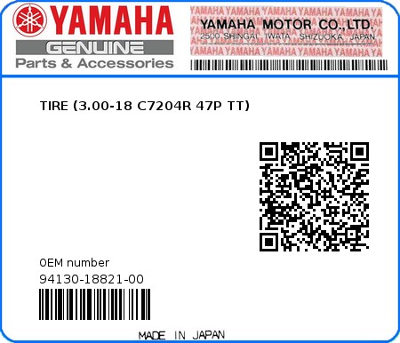 Product image: Yamaha - 94130-18821-00 - TIRE (3.00-18 C7204R 47P TT)  0