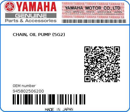 Product image: Yamaha - 945802506200 - CHAIN, OIL PUMP (5G2)  0