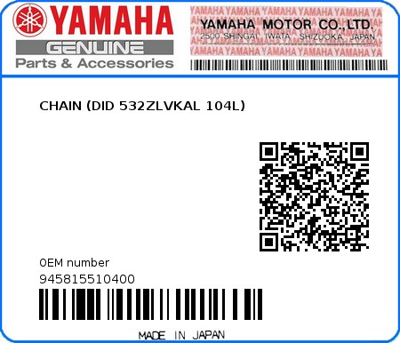 Product image: Yamaha - 945815510400 - CHAIN (DID 532ZLVKAL 104L)  0