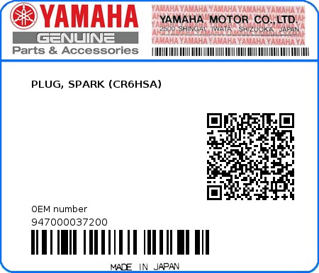 Product image: Yamaha - 947000037200 - PLUG, SPARK (CR6HSA)  0