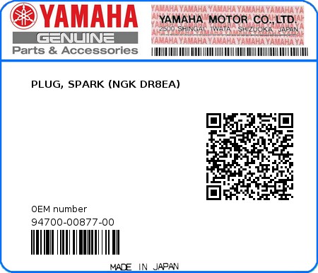 Product image: Yamaha - 94700-00877-00 - PLUG, SPARK (NGK DR8EA)  0